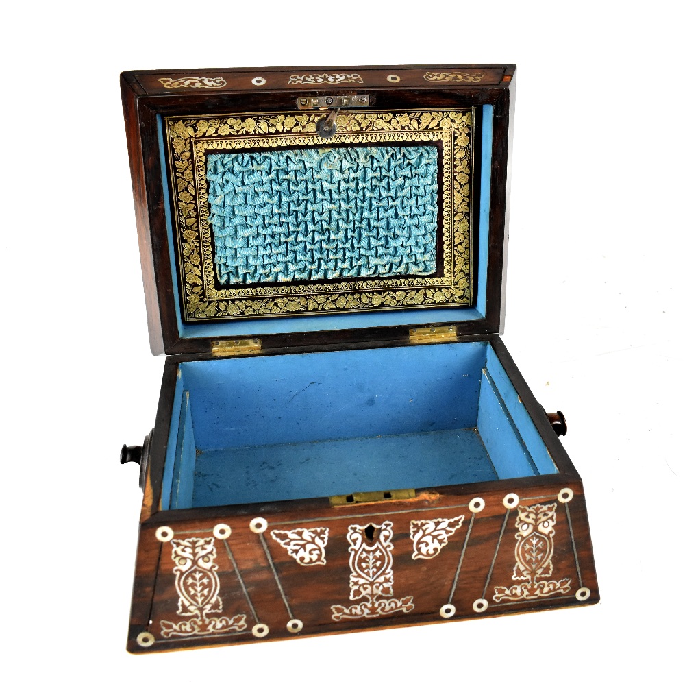 A Victorian rosewood and mother of pearl inlaid jewellery box of sarcophagus form, - Image 3 of 4
