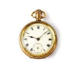 Limit; a gold plated keyless wind pocket watch with engraved case, 34mm.