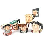 A group of six Royal Doulton character jugs, D5420 'Old Charlie', D6287 'Falstaff',