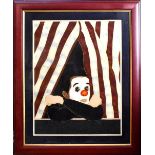 A decorative artwork of a clown using various media to include metal, Chinese brown goldstone, etc,