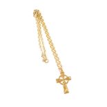 A 9ct yellow gold crux ansata on a yellow metal link chain, combined approx 12.6g.