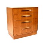 A G-Plan teak chest of four long drawers, label to interior, on a plinth base, 76 x 72 x 44cm.