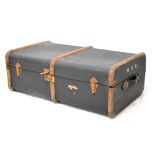 A mid-20th century blue leatherette wooden-bound twin-handled travelling trunk with painted