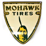 An American shield-shaped advertising sign for 'MOHAWK TIRES', length 92cm.