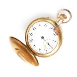 A gold plated keyless wind full hunter pocket watch, 50mm (af).