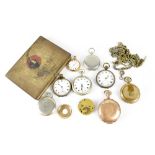 A quantity of base metal and plated pocket watches, parts and watch chains, etc,