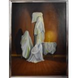 NIGEL MORRIS; acrylic on board 'Hooded Figures', signed and dated '84, 60 x 44.5cm, framed.