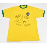 BRAZIL LEGENDS; a retro-style Brazil 1970 home shirt signed by Pele, Brito, Jairzinho, Carlos