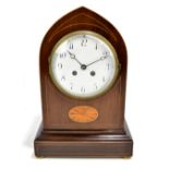 JAPY FRERES; an Edwardian inlaid mahogany lancet top mantel clock, the circular enamel dial with