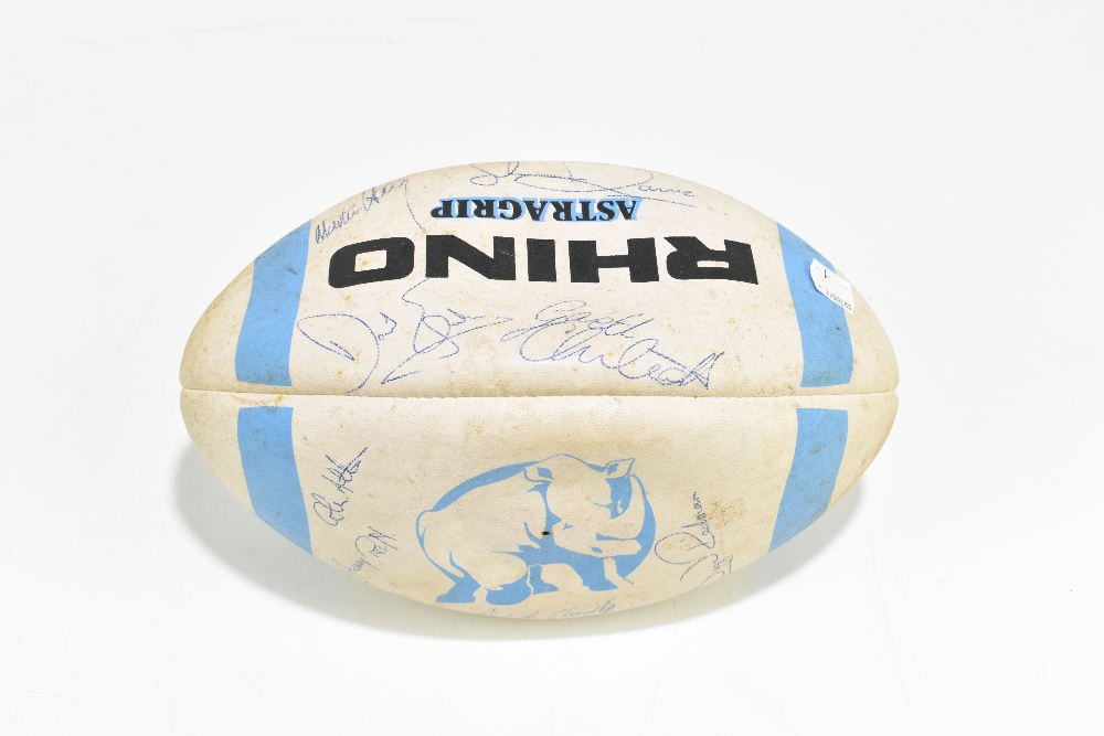An autographed rugby ball with various signatures to include Richard Hill, Stewart Roy, John Mallet, - Image 2 of 3