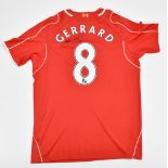 LIVERPOOL FC: a Warrior 2014-15 season home shirt signed to reverse with 'Gerrard 8' printing,