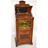 An Edwardian carved mahogany music cabinet with two pull down cupboard doors with mirrored
