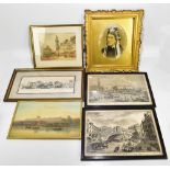 A small group of decorative pictures and prints including an early 20th century watercolour street
