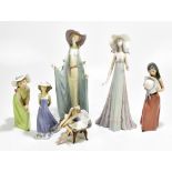 LLADRO; six figures including a seated ballerina, etc, three in original boxes.Additional