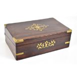 A Victorian rosewood brass bound and inlaid writing slope, the fitted interior with black velvet