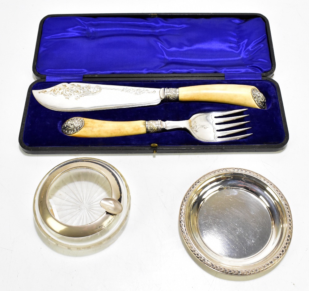 An 835 grade silver and glass ashtray, also an 800 grade silver dish and a pair of Victorian