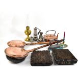 A mixed group of metalware, including two copper warming pans with turned wooden handles, miners'