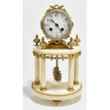 A.D. MOUGIN; a French gilt brass and marble mantel clock, the circular enamel dial with Arabic