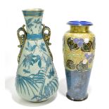 ASHWORTH; an Aesthetic Movement twin handled vase relief decorated with floral sprays, impressed