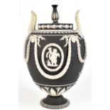 WEDGWOOD; a good 19th century large black and white jasper dip jar and cover with high looped