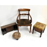 A Regency mahogany bar back carver chair with drop-in seat, a Victorian dressing table stool