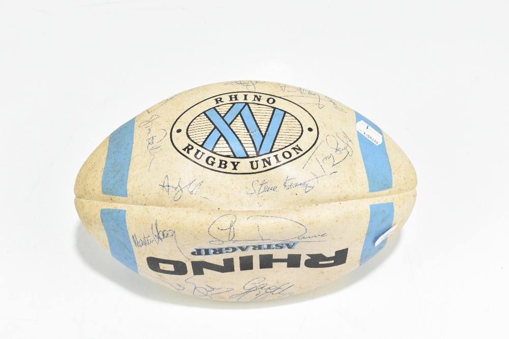 An autographed rugby ball with various signatures to include Richard Hill, Stewart Roy, John Mallet, - Image 3 of 3