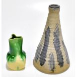 A West Country art pottery vase with pinched neck, height 11cm, and a conical studio pottery lamp