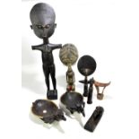 A collection of 20th century African tribal items including large figure, height 80cm, two bowls