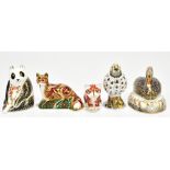 ROYAL CROWN DERBY; five animal paperweights to include 'Golden Jubilee Black Swan' no.926/2002, '