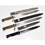 Three German bayonets comprising KAR 98 1916, KAR 98 1917 and Third Reich Mauser MOD 98, all with