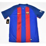 FC BARCELONA; a Nike Aeroswift player issue specification 2016 home shirt, signed to front by Lionel
