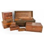 A group of wooden boxes for restoration including a brass bound oak writing slope. Additional