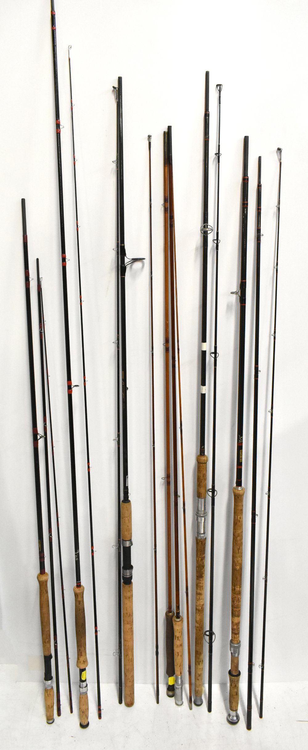 A small group of fishing rods including a Pezon et Michel for Farlow's split cane rod, a Scottie 9'