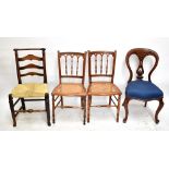 A Victorian mahogany balloon back dining chair raised on cabriole supports, a pair of late Victorian