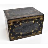 A 19th century Chinese lacquered document box, the exterior with panels featuring town, village