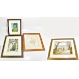 Four decorative watercolours including a farmscape by David Rust, all framed and glazed (4).