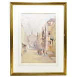 JULIUS HARE RCA (1859-1932); watercolour, Continental street scene with figures and donkey to