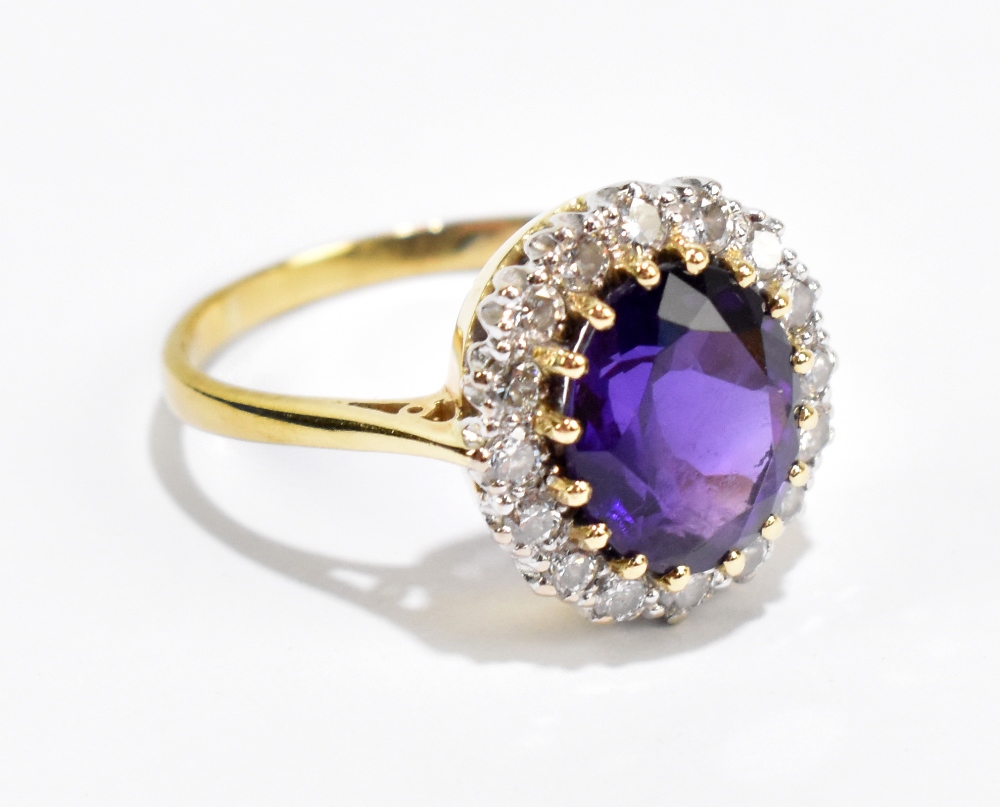 An 18ct yellow gold mounted diamond and amethyst set dress ring, size U, approx 5.5g. Additional