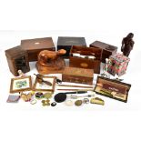 A mixed group of collectors' items including a rosewood and mother of pearl inlaid jewellery box