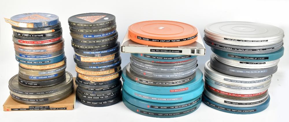 FILM/CINEMA & PROJECTION INTEREST; approximately fifty 16mm and 9.5mm format film reels of mixed