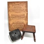 A metal bound painted costral, a stained beech stool, length 23cm, and a plywood plaque inscribed