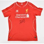 LIVERPOOL FC; a Warrior 2014-15 home shirt signed by Steven Gerrard with further inscription 'Best