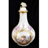 MEISSEN; a good late 19th century hand painted gilt heightened vase, the cover with bud finial above