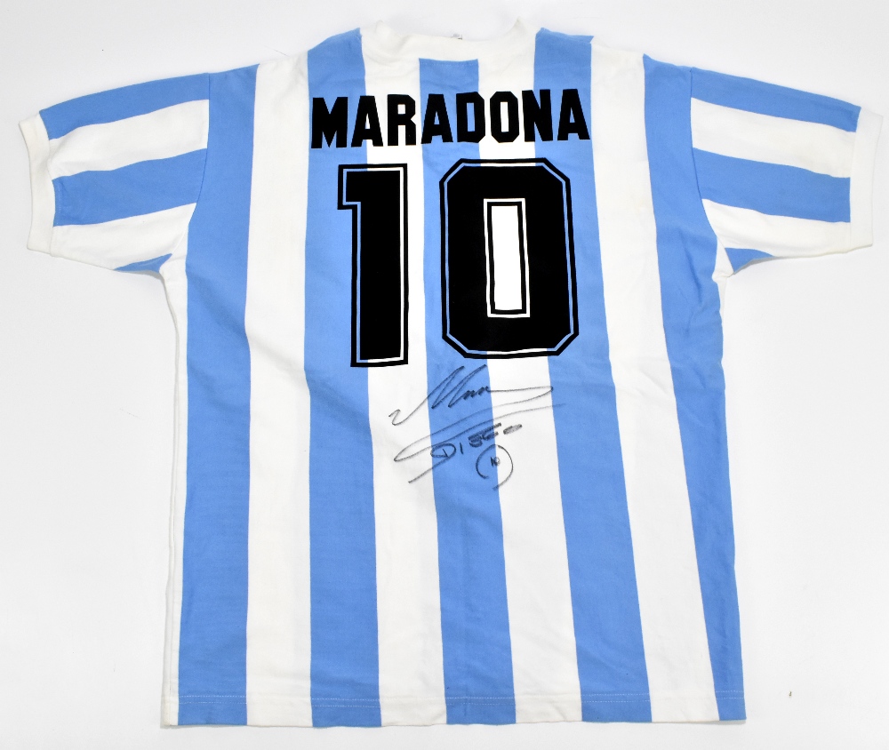 DIEGO MARADONA; a signed Toffs retro-style cotton Argentina home shirt with 'Maradona 10' printing