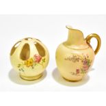 ROYAL WORCESTER; a blush ivory flat back jug decorated with floral sprays, height 11cm, and a