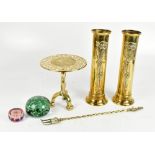 BELDRAY; a pair of Art Nouveau brass cylindrical vases, height 33cm, a miniature tripod table, and