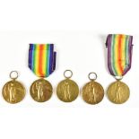 Five World War I Victory Medals awarded to 4278 Pte. A.Woodley 4-Lond.R., 2346 Cpl G.Cakebread 9-