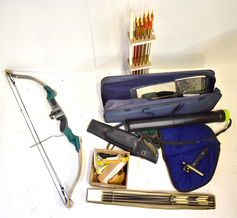A quantity of archery equipment including a soft cased Target Master 3 bow, various further