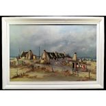 ERIC KAYE; oil on board, coastal landscape with dwellings, signed and dated '76, 60 x 90cm, framed.