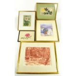 A group of five decorative pictures including watercolours by Brenda Evans and Elizabeth Sorrell,